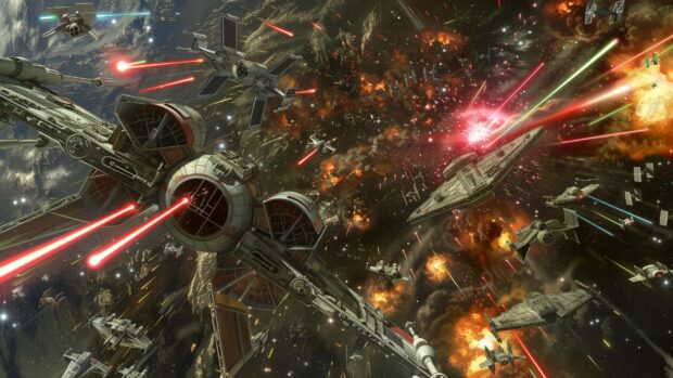 Star Wars Space wallpaper for desktop with a dramatic space battle scene with X Wings and TIE Fighters engaging in combat, laser beams and explosions lighting up the Star Wars galaxy.