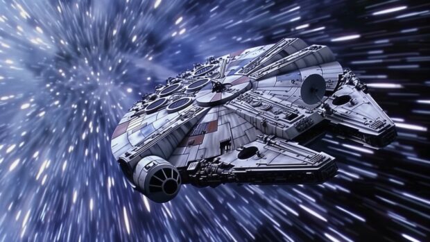 Star Wars Space wallpaper with The iconic scene of the Millennium Falcon jumping to hyperspace, with stars stretching into lines and a sense of incredible speed.