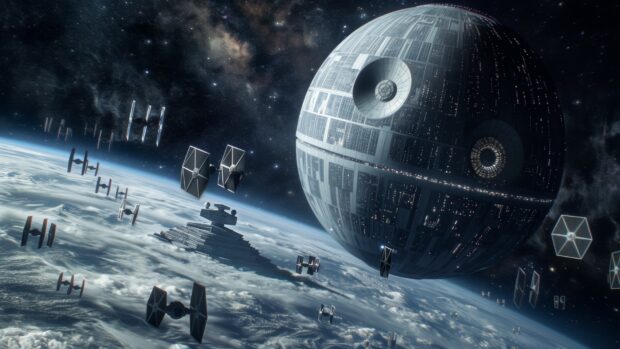 Star Wars Space wallpaper with a breathtaking view of the Death Star orbiting a distant planet, with a fleet of Star Destroyers nearby and stars filling the sky.