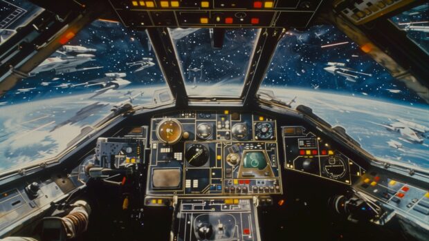 Star Wars Space wallpaper with a close up view of an X Wing cockpit, with the pilot preparing for battle and the stars and enemy ships visible through the window.