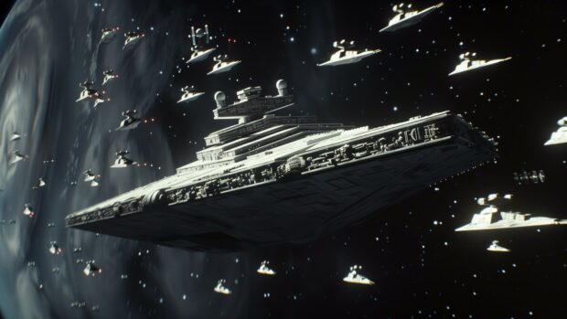 Star Wars Space wallpaper with a detailed image of an Imperial Star Destroyer patrolling the galaxy, with TIE Fighters flying in formation around it.