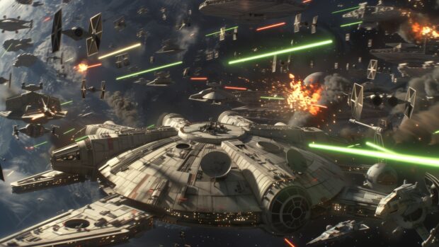 Star Wars Space wallpaper with a dramatic space battle scene with X Wings and TIE Fighters engaging in combat, laser beams and explosions lighting up the Star Wars galaxy.