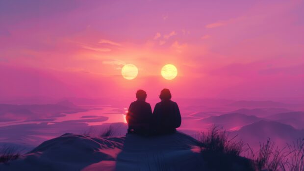 Star Wars Space wallpaper with a serene view of the twin suns setting over the Tatooine desert, with a silhouette of Luke Skywalker’s landspeeder in the foreground.