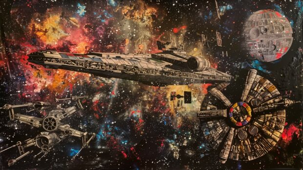 Star Wars Space wallpaper with a vibrant depiction of the Rebel fleet preparing for battle, with various ships including X Wings, A Wings, and the Millennium Falcon against a starry backdrop.