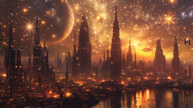 Star Wars Space wallpaper with an artistic rendering of the Jedi Temple on Coruscant, with the city planet’s lights and skyscrapers against a star filled sky.
