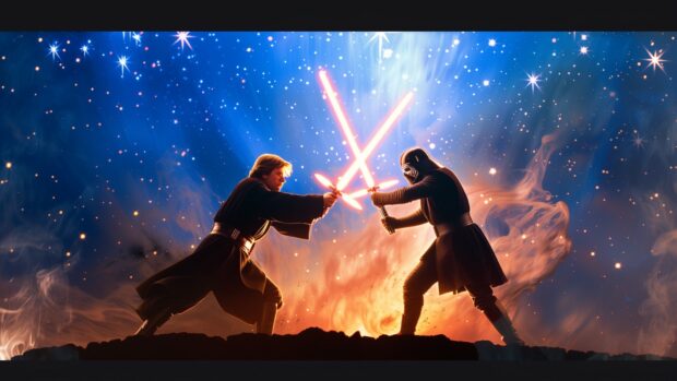 Star Wars Space wallpaper with an epic duel between a Jedi and a Sith on a distant moon, with lightsabers clashing and stars in the background.