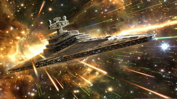 Star Wars Space wallpaper with an epic scene of a Star Destroyer emerging from hyperspace, with stars and the colorful trails of its jump in the background.