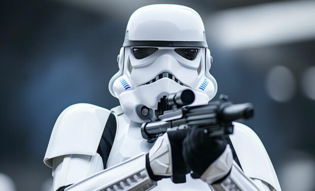 Star Wars Stormtrooper Wallpaper HD with blaster drawn, ready for action.