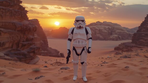 Star Wars Stormtrooper Wallpapers 4K in a dramatic sunset on a desert planet.