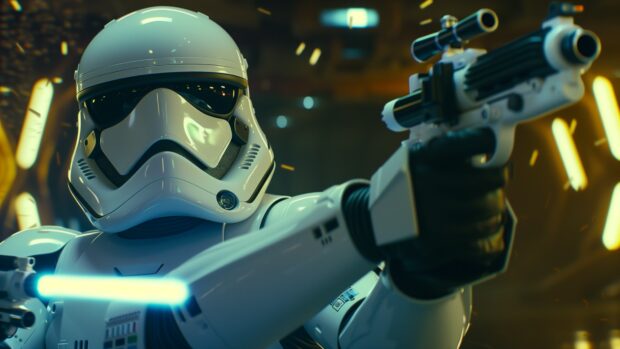 Star Wars Stormtrooper Wallpapers 4K with blaster drawn, ready for action.