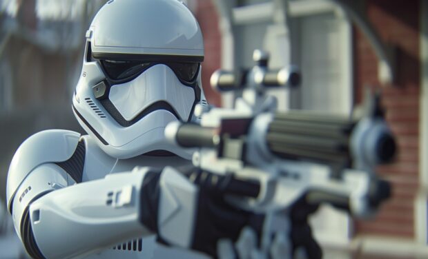 Star Wars Stormtrooper Wallpapers with blaster drawn, ready for action.