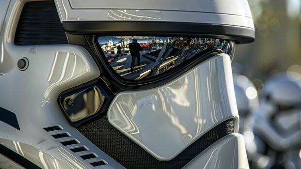 Star Wars Stormtrooper helmet in close up with reflections of space battles.