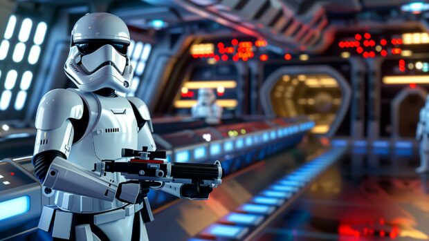 Star Wars Stormtrooper standing guard on a starship bridge.