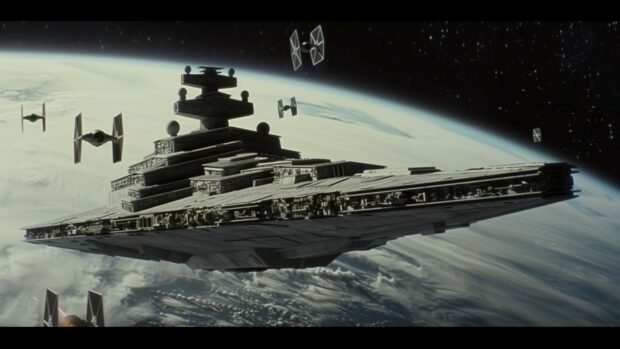 Star Wars desktop HD wallpaper with a detailed image of an Imperial Star Destroyer patrolling the galaxy, with TIE Fighters flying in formation around it.