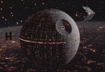 Star Wars desktop space background with a breathtaking view of the Death Star orbiting a distant planet, with a fleet of Star Destroyers nearby and stars filling the sky.