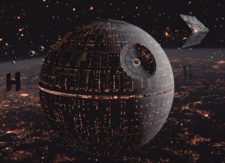 Star Wars desktop space background with a breathtaking view of the Death Star orbiting a distant planet, with a fleet of Star Destroyers nearby and stars filling the sky.