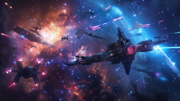 Star Wars desktop wallpaper HD with a vibrant depiction of the Rebel fleet preparing for battle, with various ships including X Wings, A Wings, and the Millennium Falcon against a starry backdrop.