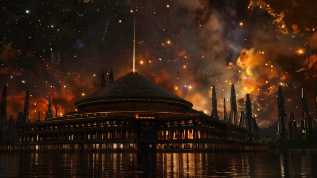 Star Wars space HD 4K background with an artistic rendering of the Jedi Temple on Coruscant, with the city planet’s lights and skyscrapers against a star filled sky.