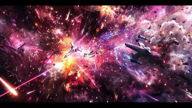 Star Wars space background 4K with a dramatic space battle scene with X Wings and TIE Fighters engaging in combat, laser beams and explosions lighting up the Star Wars galaxy.