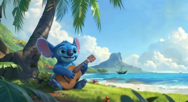 Stitch playing a ukulele under a palm tree by the ocean.