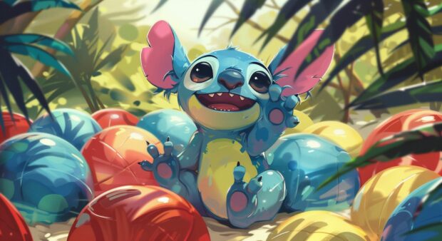 Stitch playing with a pile of colorful beach balls in a sunny tropical setting, Cute Desktop wallpaper.