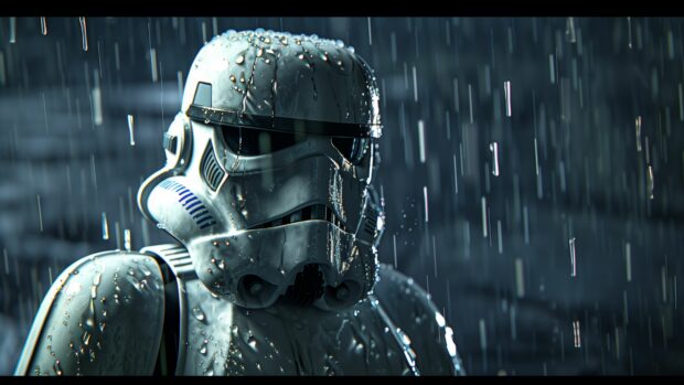 Stormtrooper Wallpaper 4K with rain soaked armor in a dark alley.