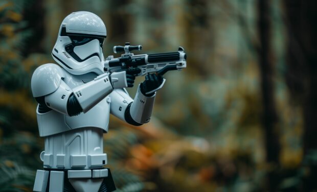 Stormtrooper aiming blaster in a high stakes standoff (2).