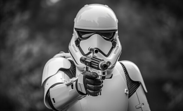 Stormtrooper aiming blaster in a high stakes standoff.