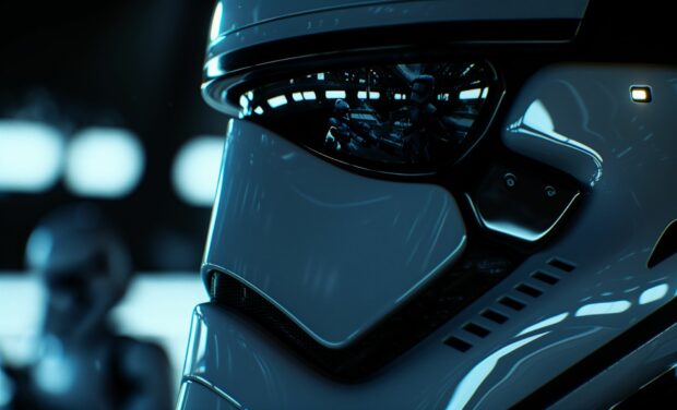 Stormtrooper helmet in close up with reflections of space battles, Star Wars Wallpaper HD.