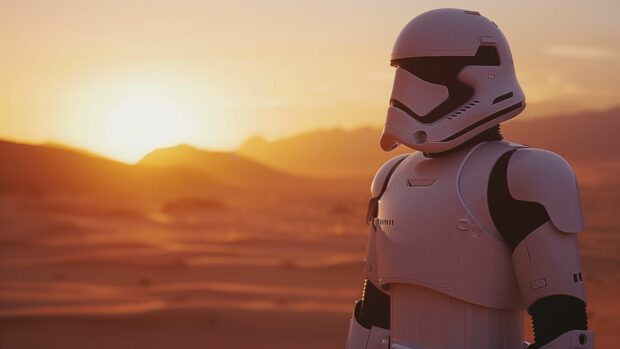 Stormtrooper in a dramatic sunset on a desert planet.
