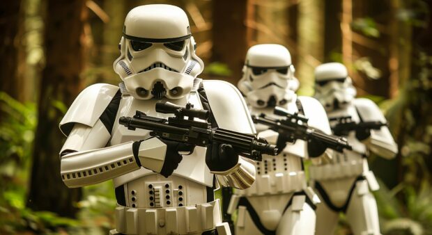 Stormtrooper leading a charge in a forest battle.