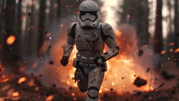 Stormtrooper leading a charge in a forest battle.