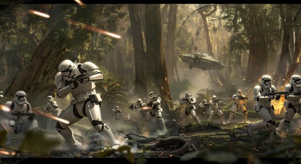 Stormtrooper leading a charge in a forest battle, Star Wars Wallpaper HD.