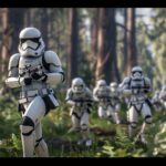 Stormtrooper leading a charge in a forest battle, Star Wars Wallpaper HD Free download.