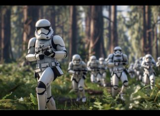 Stormtrooper leading a charge in a forest battle, Star Wars Wallpaper HD Free download.