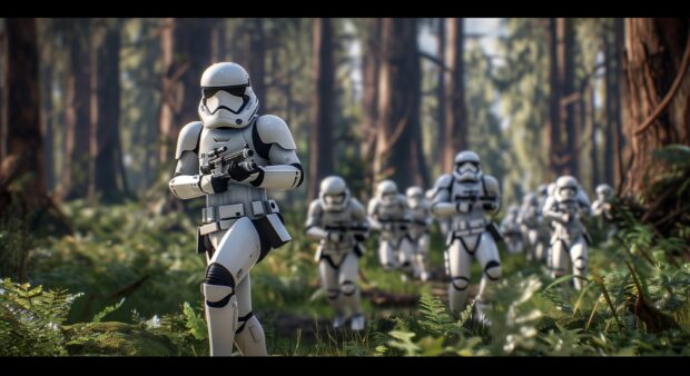 Stormtrooper leading a charge in a forest battle, Star Wars Wallpaper HD Free download.