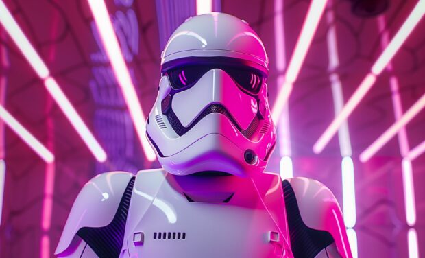 Stormtrooper on guard duty under neon lights, Star Wars Wallpaper HD.