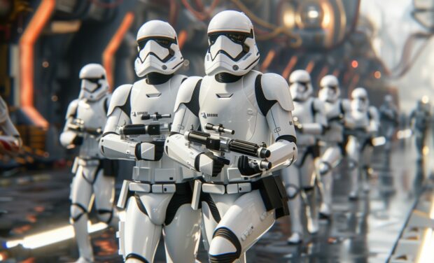 Stormtrooper patrol in an urban dystopian setting, Star Wars Wallpaper HD for Desktop.