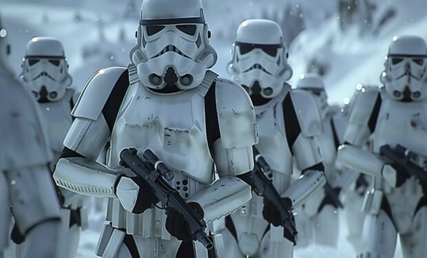 Stormtrooper squad marching through a snowy landscape, Star Wars Wallpaper HD Desktop.