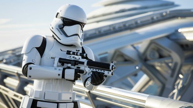 Stormtrooper standing guard on a starship bridge.