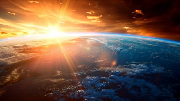 Stunning Earth from space during sunrise with the sun rays illuminating the planet.