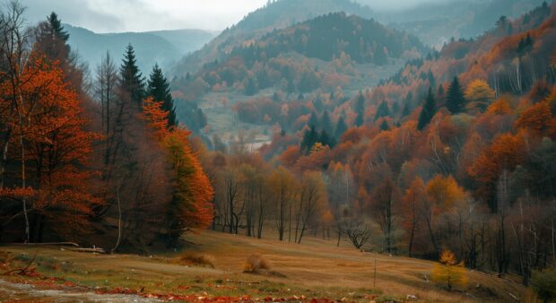 Stunning view of a mountain landscape during autumn, fall leaves desktop wallpaper 1080p.