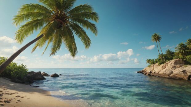 Summer HD Background with a lone palm tree swaying gently in the breeze, overlooking a pristine sandy beach.