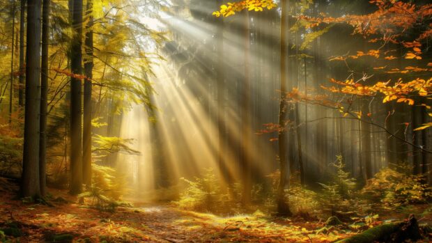 Sunlight filtering through an Autumn forest desktop wallpaper.