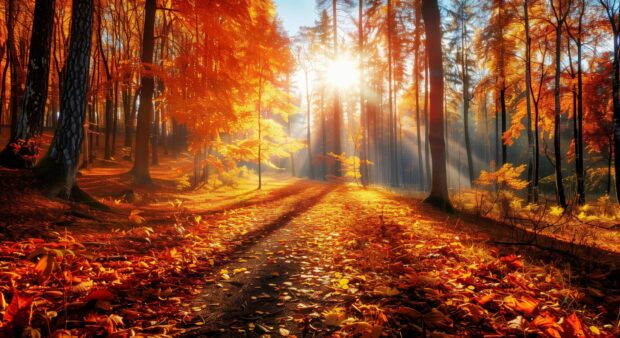 Sunlit autumn forest with vibrant colors.