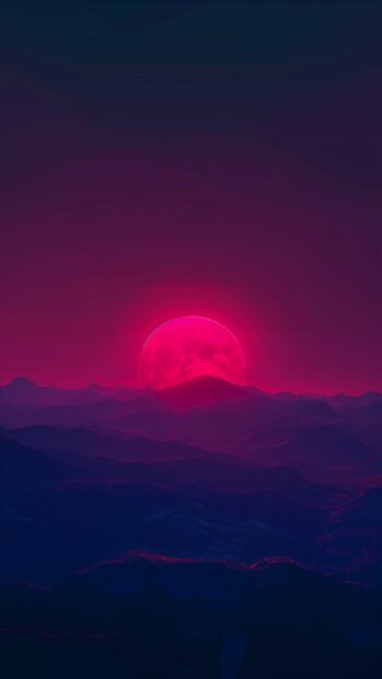 Sunset Aesthetic Wallpaper HD with Mountain sunset with a clear view of the sun dipping below the peaks.