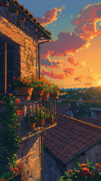 Sunset view from a cozy balcony, the sky painted in warm colors.