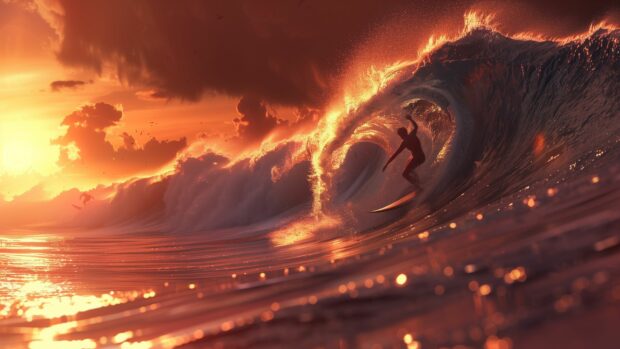 Surfers riding powerful ocean waves at sunset.