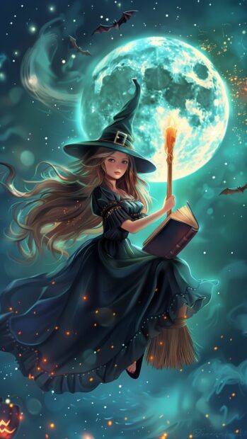 Sweet Halloween witches holding cute spellbooks and flying on broomsticks.