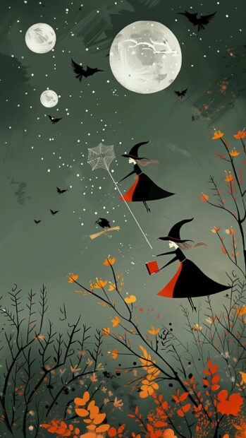 Sweet Halloween witches holding cute spellbooks and flying on broomsticks.